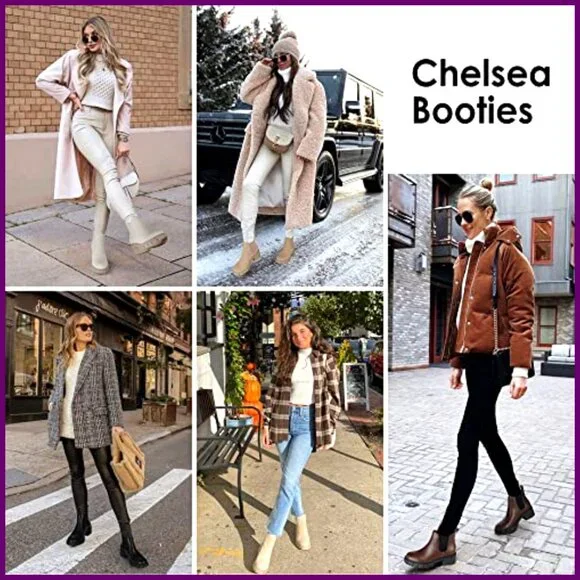 Women's Chelsea Boots Lug Sole Chunky Heel Slip On Elastic Ankle Booties